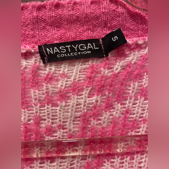 NastyGal Got Knit Right Barbiecore Pink & White Houndstooth Cropped Cardigan - S - Picture 11 of 17